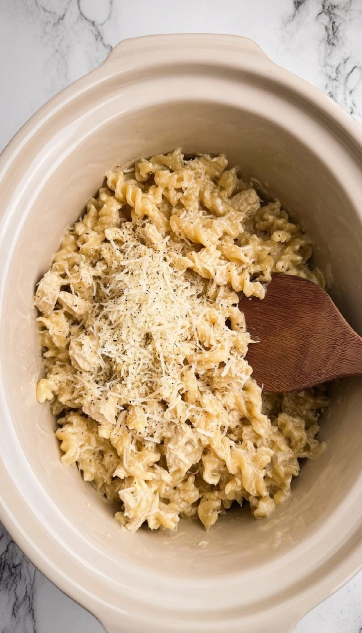 Slow Cooker Garlic Parmesan Chicken Pasta