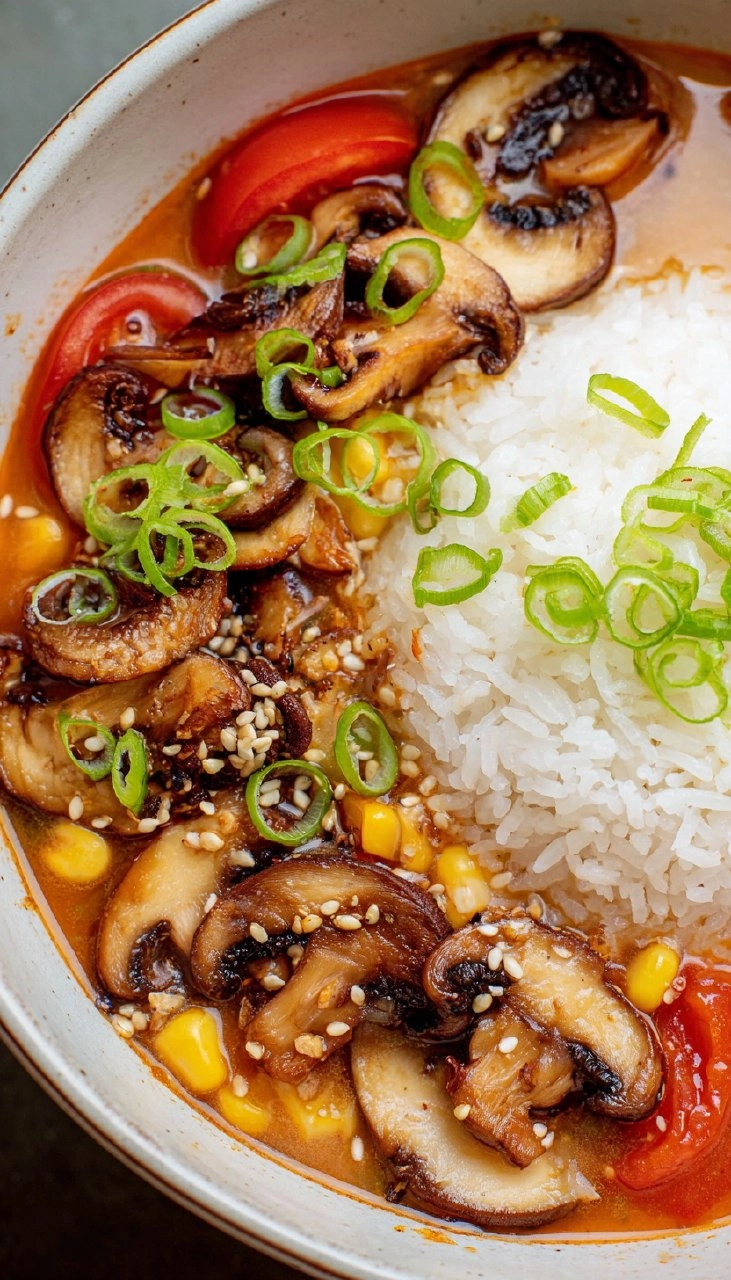 Tomato Miso Soup with Garlic Sesame Mushrooms